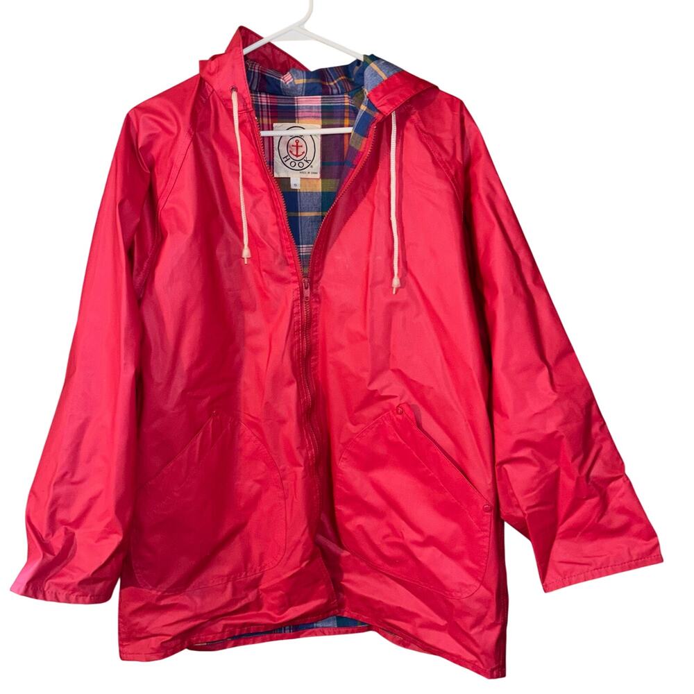 Vintage J.G. Hook women’s pink flannel-lined PVC slicker rain coat jacket small